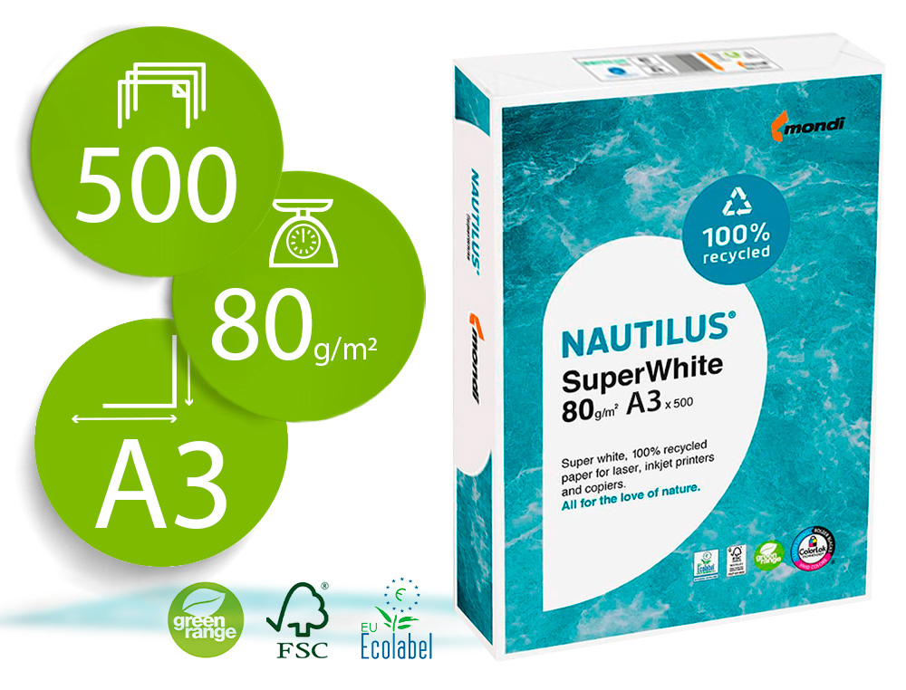 PAPEL FOTOCOPIA NAUTILUS SUPERWHITE 100% RECICLADO DIN A3 80 GR EMBALAGEM DE 500 FOLHAS