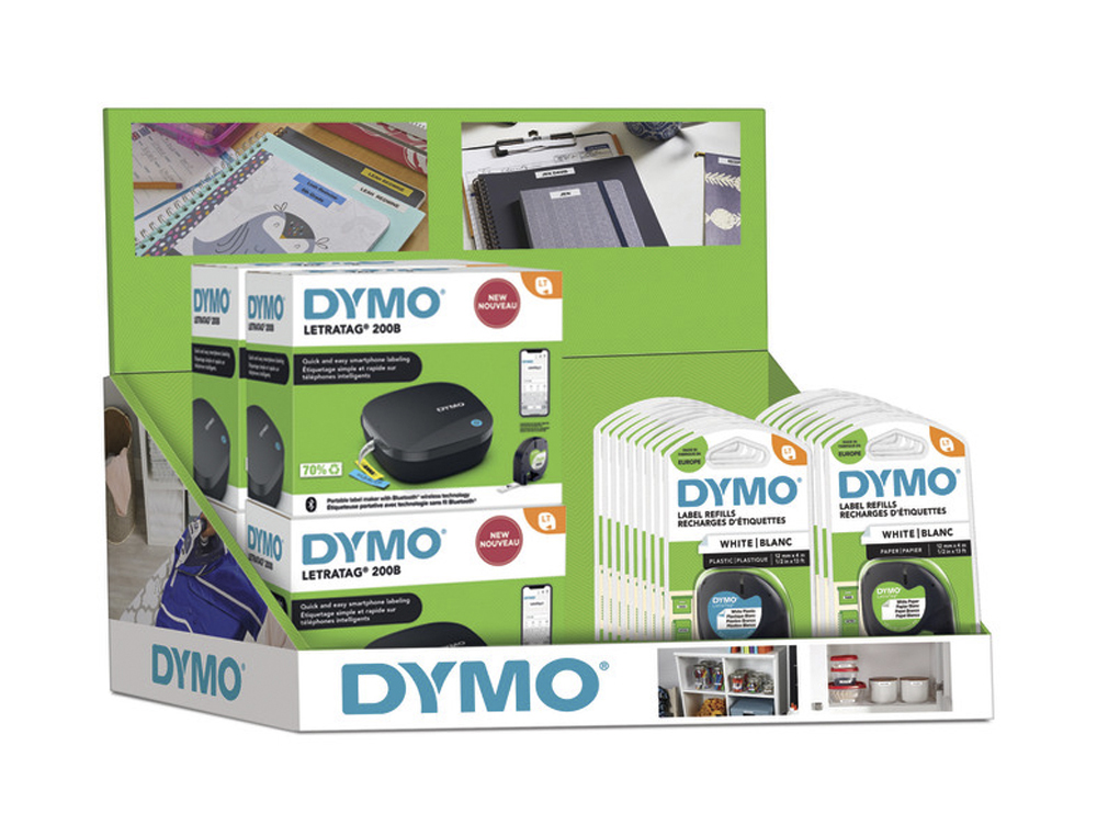 EXPOSITOR DE DE SECRETARIA ETIQUETADORA DYMO LETRATAG B-200 COM 6 UNIDADES + 20 FITAS