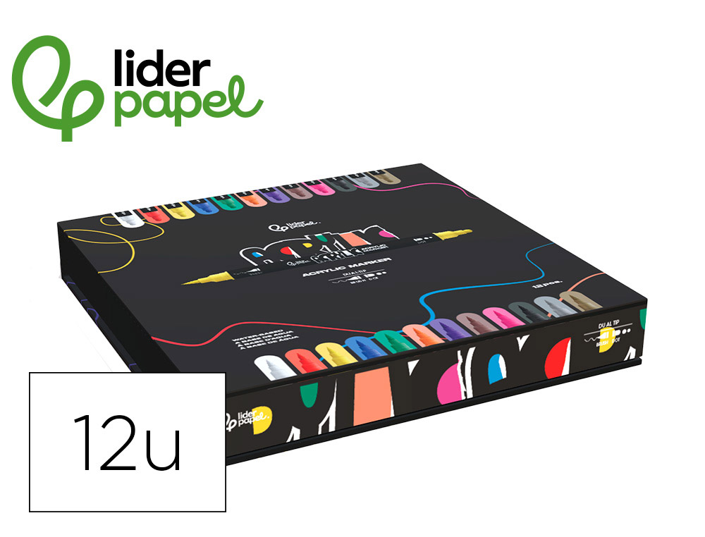 MARCADOR LIDERPAPEL ACRYLIC BASE AGUA TODO TIPO DE SUPERFICIE DUPLA PONTA PINCEL E DOT CAIXA DE 12 UNIDADES