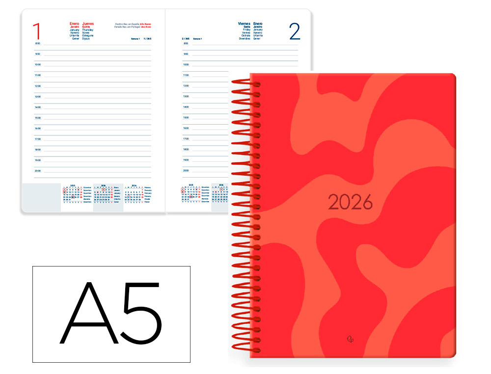 AGENDA ESPIRAL LIDERPAPEL SYROS 15X21 2026 DIA PAGINA VERMELHO PAPEL 60 GR FSC