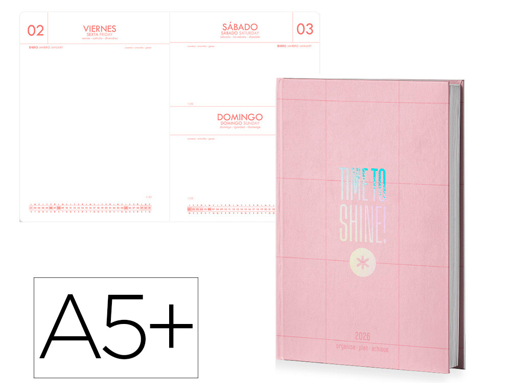 AGENDA ENCADERNADA ANTARTIK TIME TO SHINE A5+ 2026 DIA PAGINA ROSA PAPEL 80 GR FSC